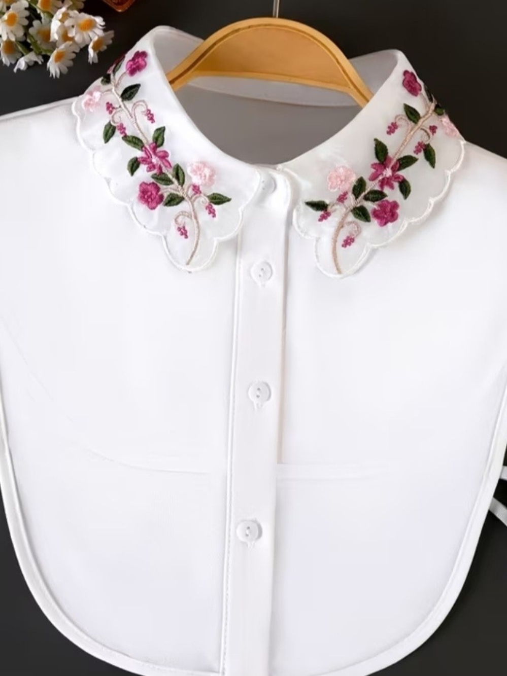 Embroidered Peter Pan Collar Dickey - White with Pink Floral Embroidery